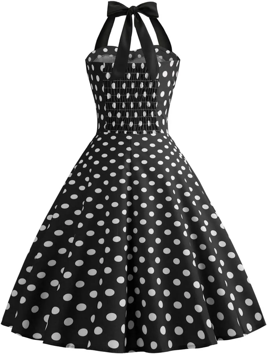 Vintage Women 1950s Rockabilly Swing Dress Pinup 50s Retro Hepburn Style Halterneck A-Line Dresses