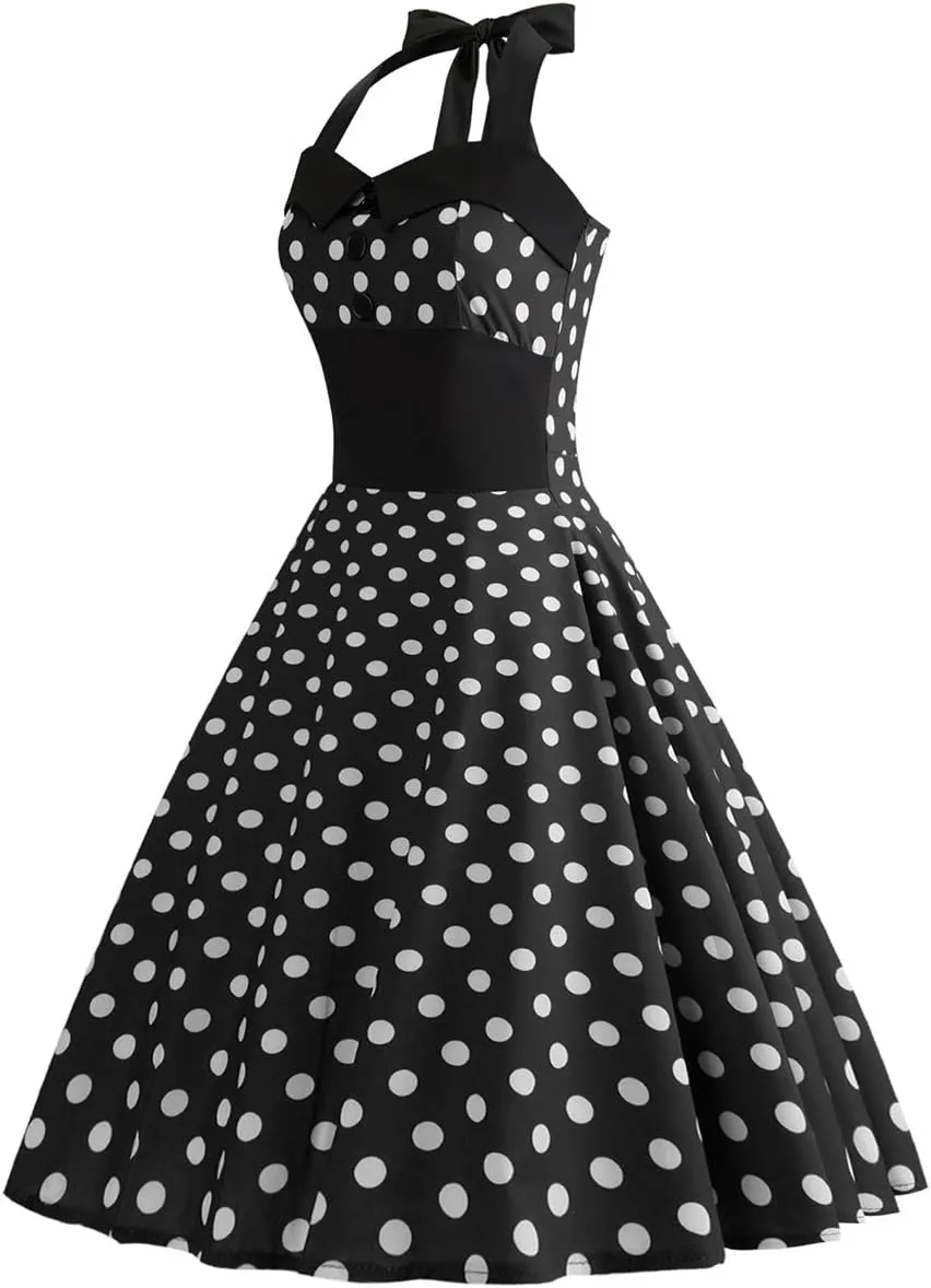 Vintage Women 1950s Rockabilly Swing Dress Pinup 50s Retro Hepburn Style Halterneck A-Line Dresses