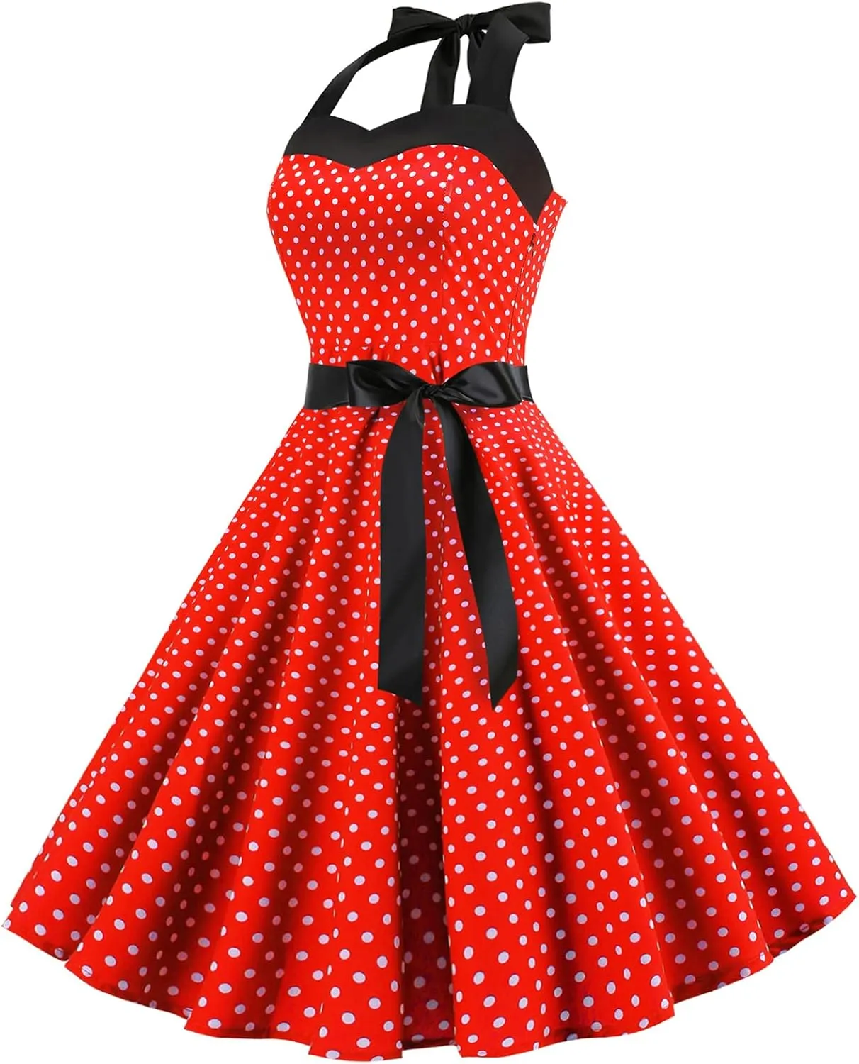 Vintage Women 1950s Rockabilly Swing Dress Pinup 50s Retro Hepburn Style Halterneck A-Line Dresses