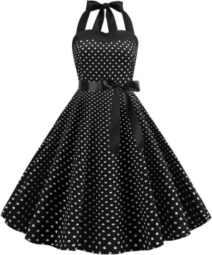 Vintage Women 1950s Rockabilly Swing Dress Pinup 50s Retro Hepburn Style Halterneck A-Line Dresses