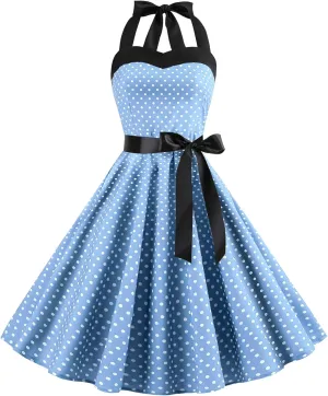 Vintage Women 1950s Rockabilly Swing Dress Pinup 50s Retro Hepburn Style Halterneck A-Line Dresses