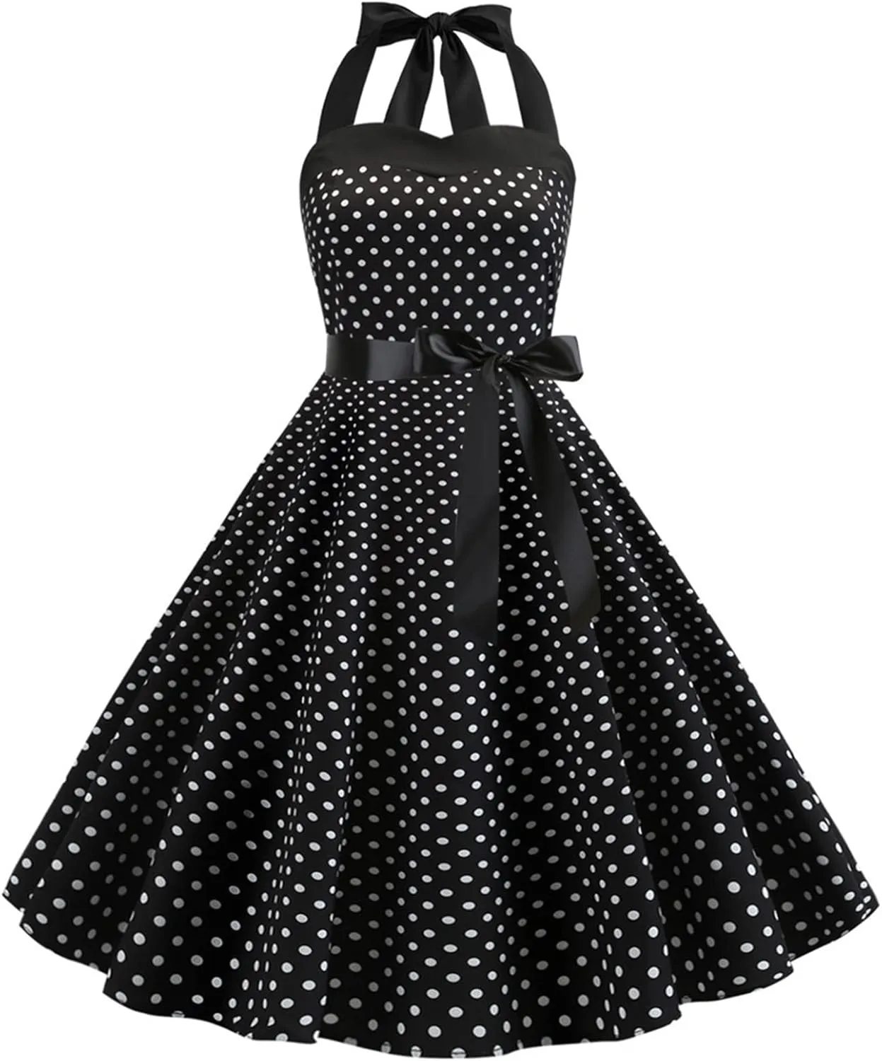 Vintage Women 1950s Rockabilly Swing Dress Pinup 50s Retro Hepburn Style Halterneck A-Line Dresses