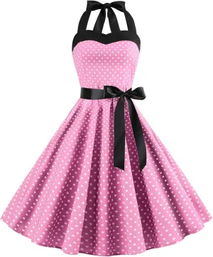 Vintage Women 1950s Rockabilly Swing Dress Pinup 50s Retro Hepburn Style Halterneck A-Line Dresses