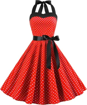 Vintage Women 1950s Rockabilly Swing Dress Pinup 50s Retro Hepburn Style Halterneck A-Line Dresses