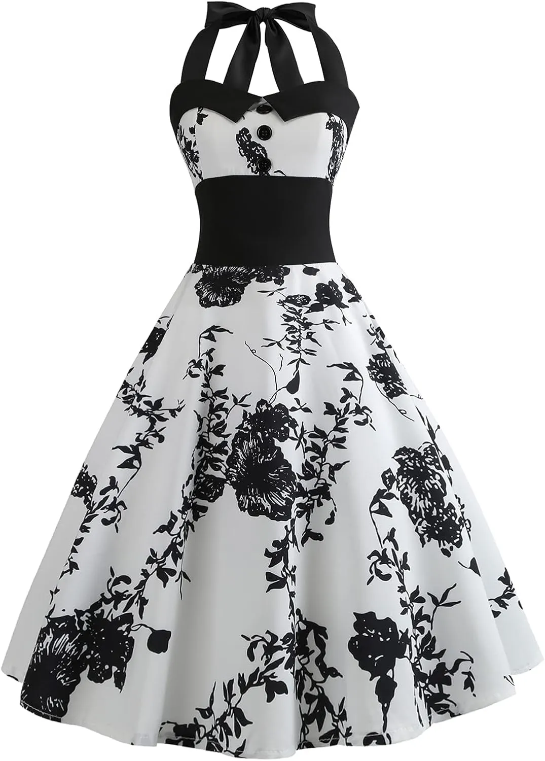 Vintage Women 1950s Rockabilly Swing Dress Pinup 50s Retro Hepburn Style Halterneck A-Line Dresses