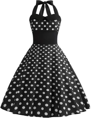 Vintage Women 1950s Rockabilly Swing Dress Pinup 50s Retro Hepburn Style Halterneck A-Line Dresses