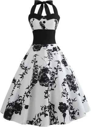 Vintage Women 1950s Rockabilly Swing Dress Pinup 50s Retro Hepburn Style Halterneck A-Line Dresses