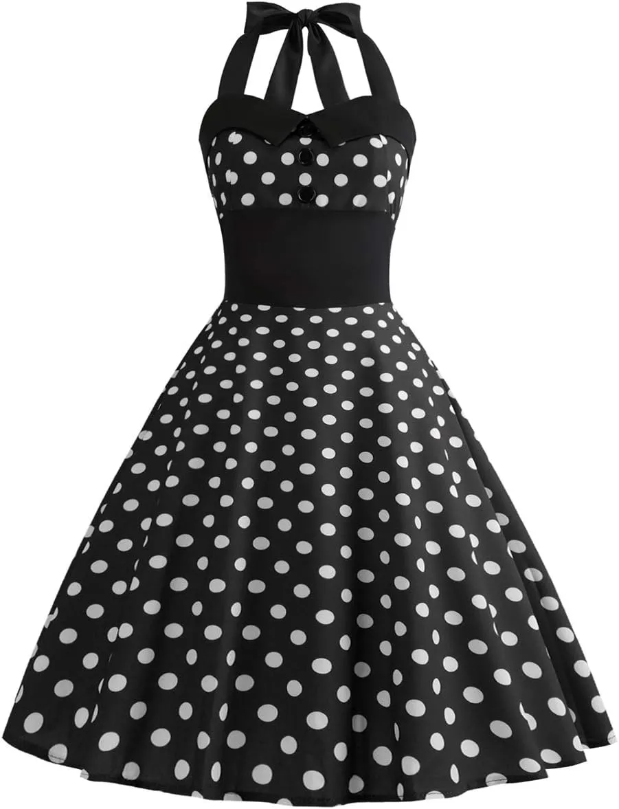 Vintage Women 1950s Rockabilly Swing Dress Pinup 50s Retro Hepburn Style Halterneck A-Line Dresses