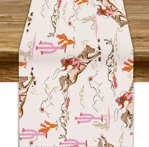Western Cowgirl Table Runner, Wild West Cowboy Boots Pink Desert Cactus Landscape Print Table Runner for Indoor Outdoor Dinner Party Decor, 13x108inch