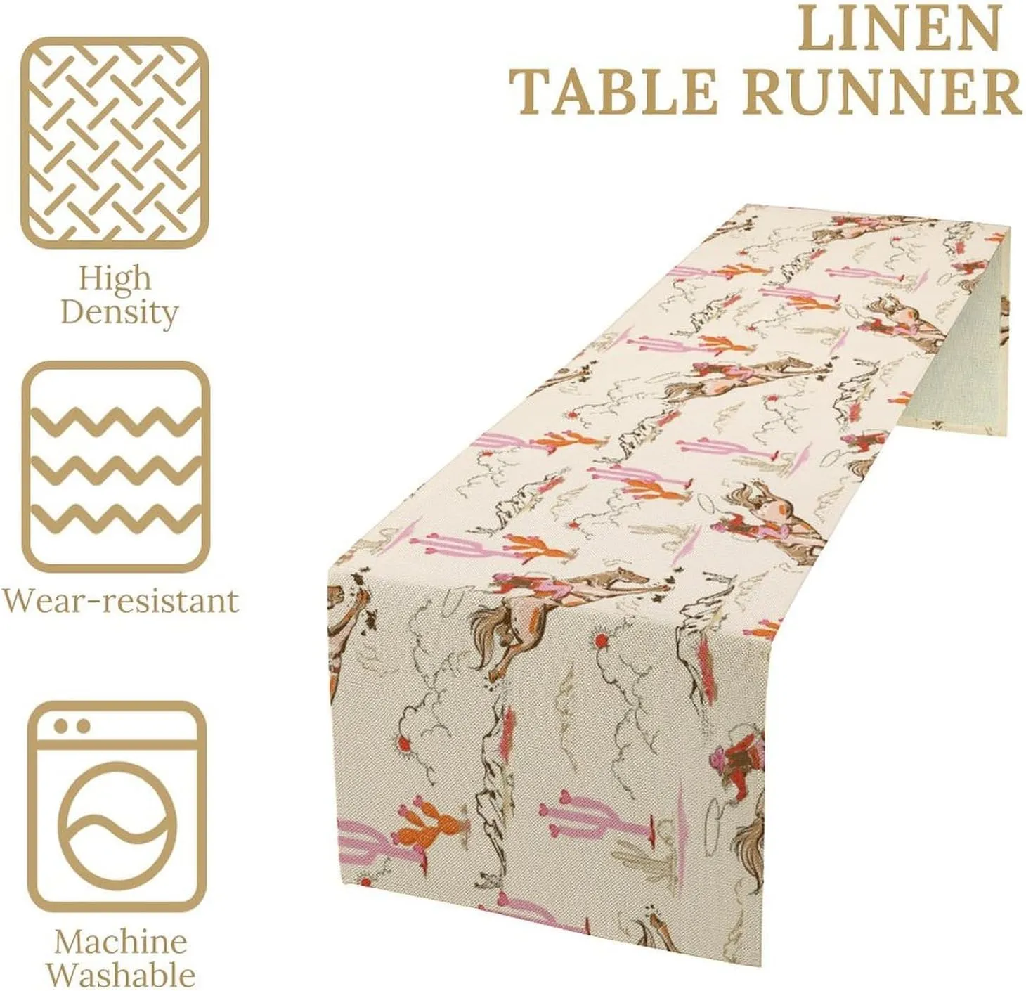 Western Cowgirl Table Runner, Wild West Cowboy Boots Pink Desert Cactus Landscape Print Table Runner for Indoor Outdoor Dinner Party Decor, 13x108inch