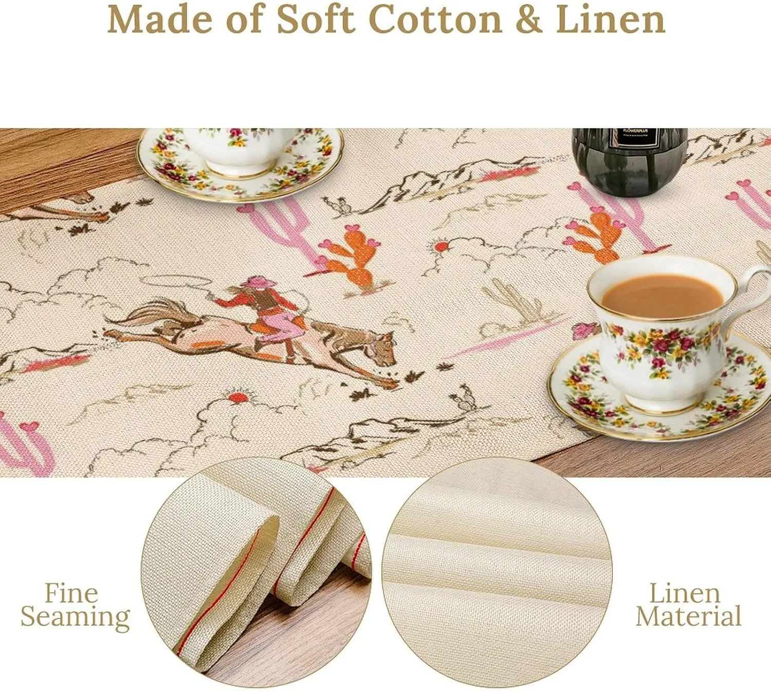 Western Cowgirl Table Runner, Wild West Cowboy Boots Pink Desert Cactus Landscape Print Table Runner for Indoor Outdoor Dinner Party Decor, 13x108inch