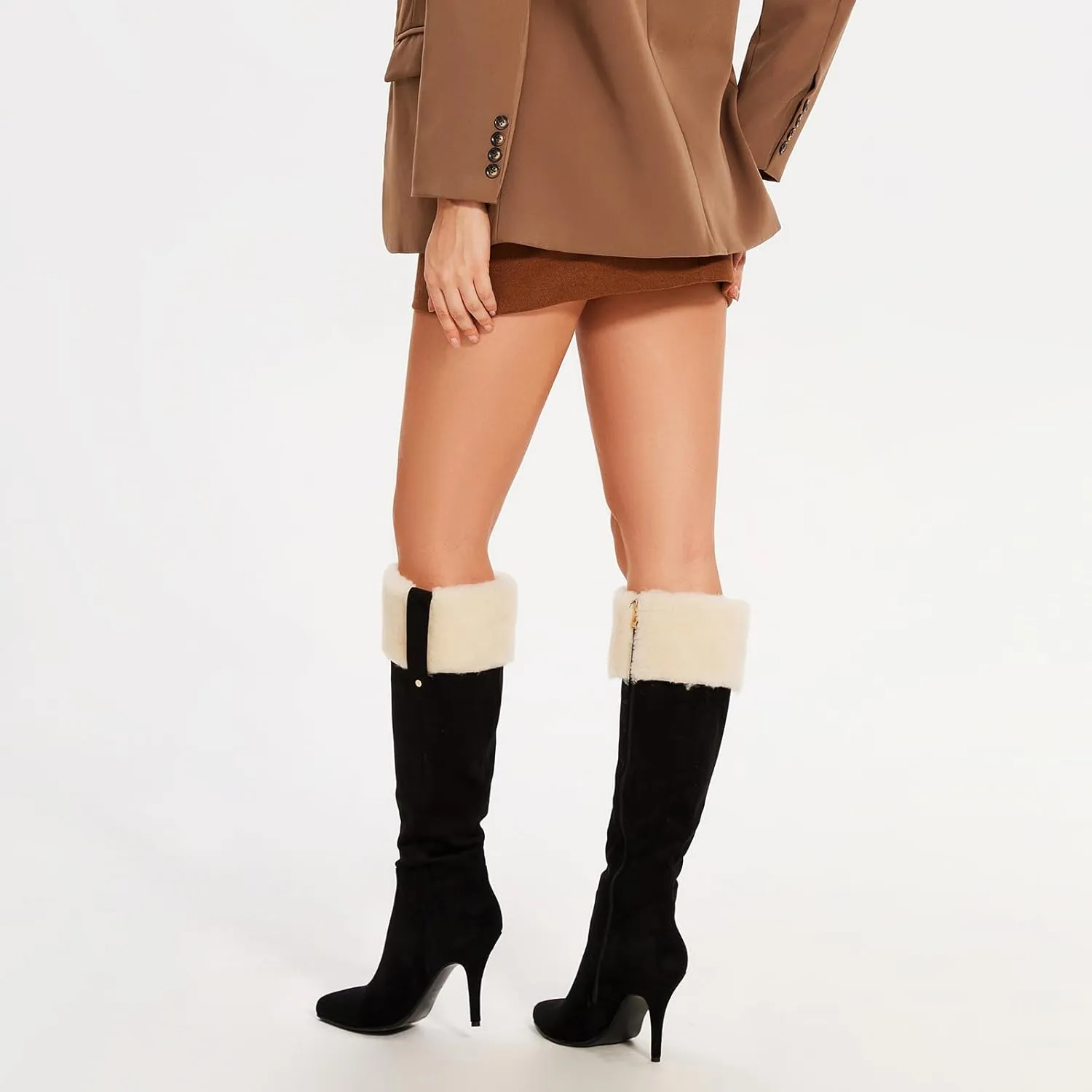 wetkiss Knee High Boots Women Pointed Toe Tall Boots Stiletto High Heels Faux Suede Fully Fur Lined Warm Winter Comfort Snow Long Boot with Side Zipper