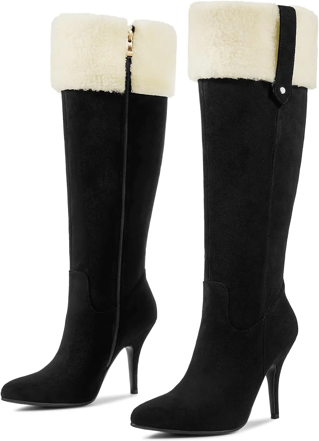 wetkiss Knee High Boots Women Pointed Toe Tall Boots Stiletto High Heels Faux Suede Fully Fur Lined Warm Winter Comfort Snow Long Boot with Side Zipper
