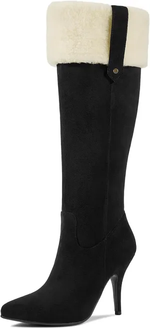 wetkiss Knee High Boots Women Pointed Toe Tall Boots Stiletto High Heels Faux Suede Fully Fur Lined Warm Winter Comfort Snow Long Boot with Side Zipper