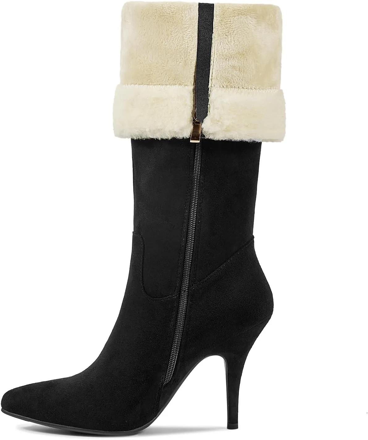 wetkiss Knee High Boots Women Pointed Toe Tall Boots Stiletto High Heels Faux Suede Fully Fur Lined Warm Winter Comfort Snow Long Boot with Side Zipper