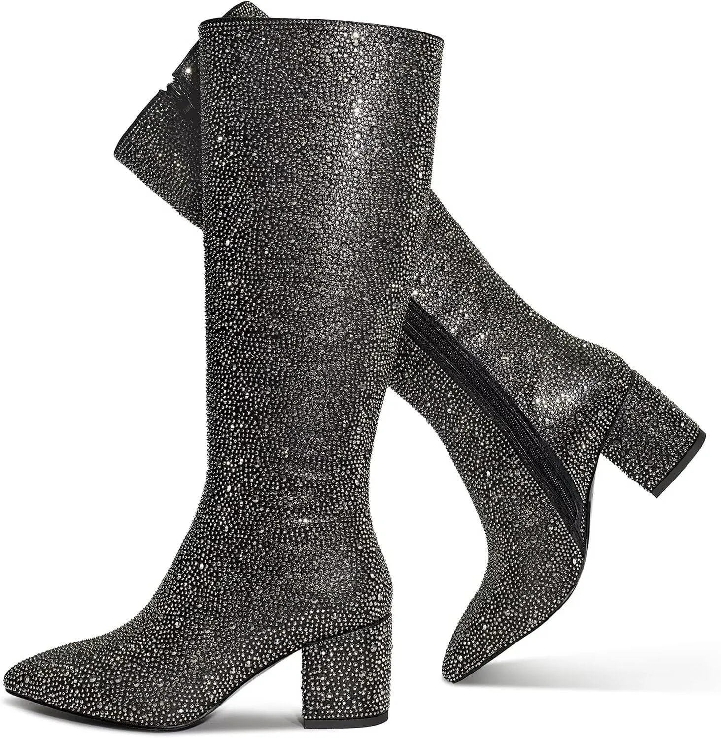 wetkiss Rhinestone/PU Low Chunky Pointed Toe Knee High Boots for Women with Full Bling Sparkly Crystals Booties for Wedding Party Date Dress