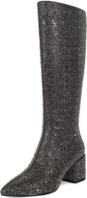 wetkiss Rhinestone/PU Low Chunky Pointed Toe Knee High Boots for Women with Full Bling Sparkly Crystals Booties for Wedding Party Date Dress