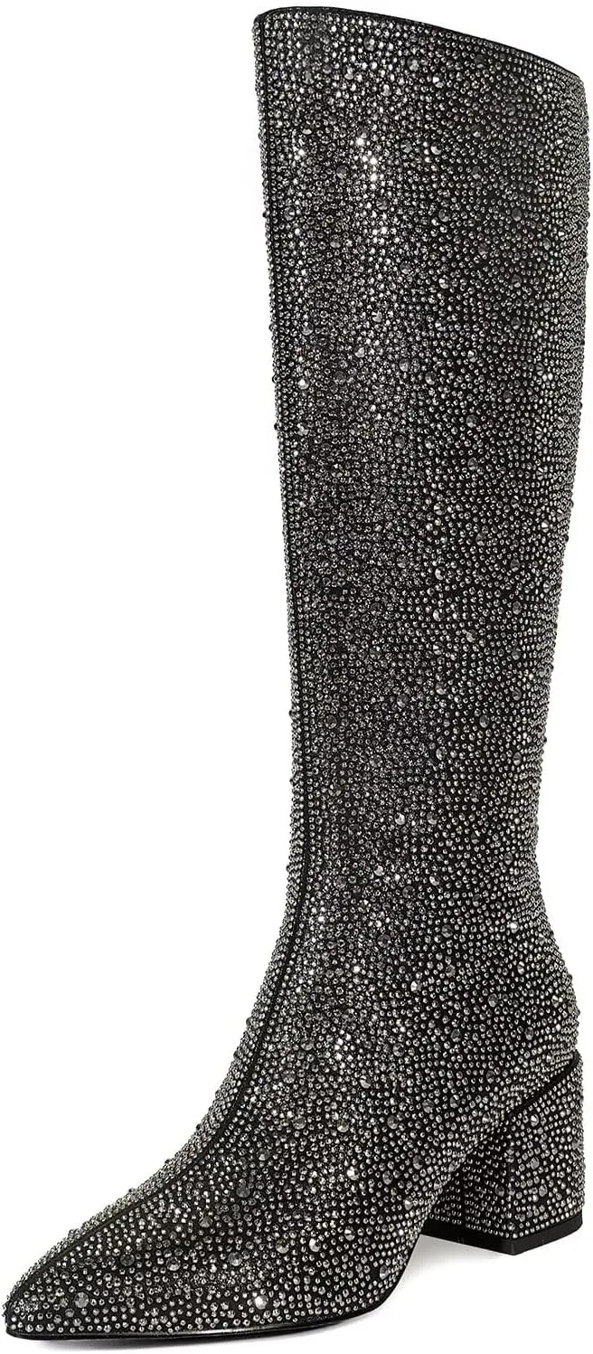 wetkiss Rhinestone/PU Low Chunky Pointed Toe Knee High Boots for Women with Full Bling Sparkly Crystals Booties for Wedding Party Date Dress