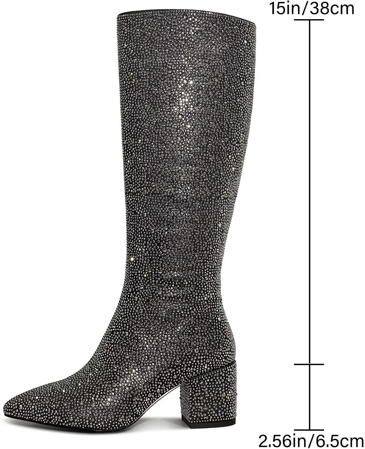 wetkiss Rhinestone/PU Low Chunky Pointed Toe Knee High Boots for Women with Full Bling Sparkly Crystals Booties for Wedding Party Date Dress