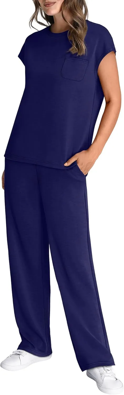 WIHOLL 2 Piece Sets for Women Casual Summer Travel Vacation Outfits Cap Sleeve Lounge Set