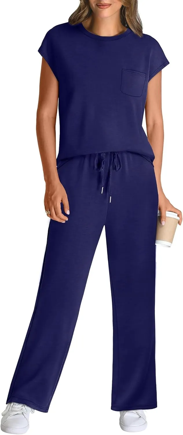 WIHOLL 2 Piece Sets for Women Casual Summer Travel Vacation Outfits Cap Sleeve Lounge Set