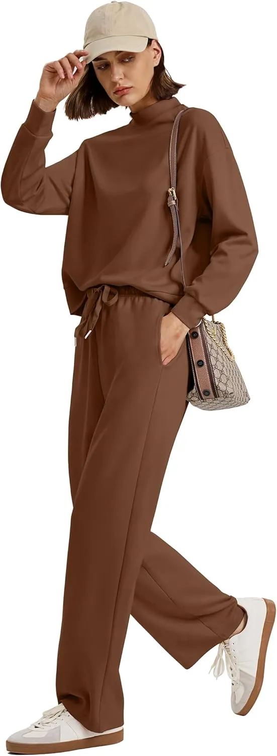 WIHOLL Two Piece Sets for Women Fall Outfits Lounge Sets Mock Neck Tops Wide Leg Pants Vacation Travel Airport Outfits