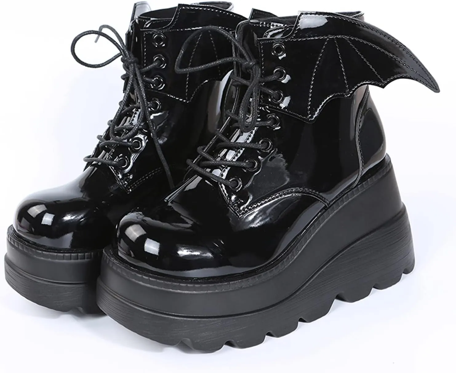 wodceeke Women's Platform Ankle Boots Round Toe Lace Up Combat Boots Goth Punk Fashion Wing Motorcycle Leather Boots
