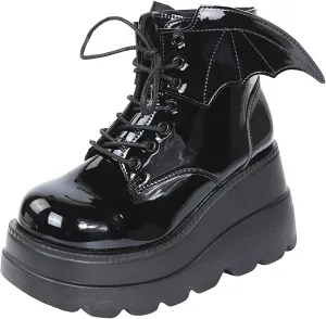 wodceeke Women's Platform Ankle Boots Round Toe Lace Up Combat Boots Goth Punk Fashion Wing Motorcycle Leather Boots