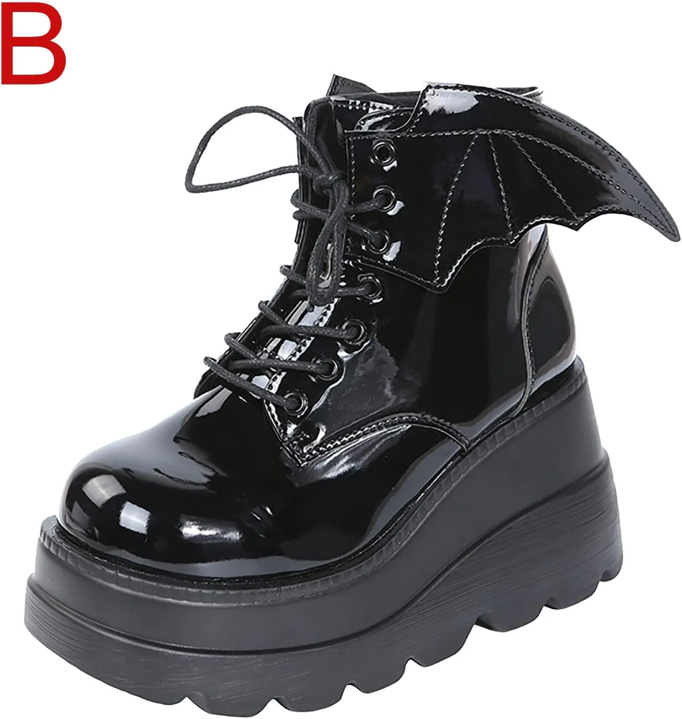 wodceeke Women's Platform Ankle Boots Round Toe Lace Up Combat Boots Goth Punk Fashion Wing Motorcycle Leather Boots