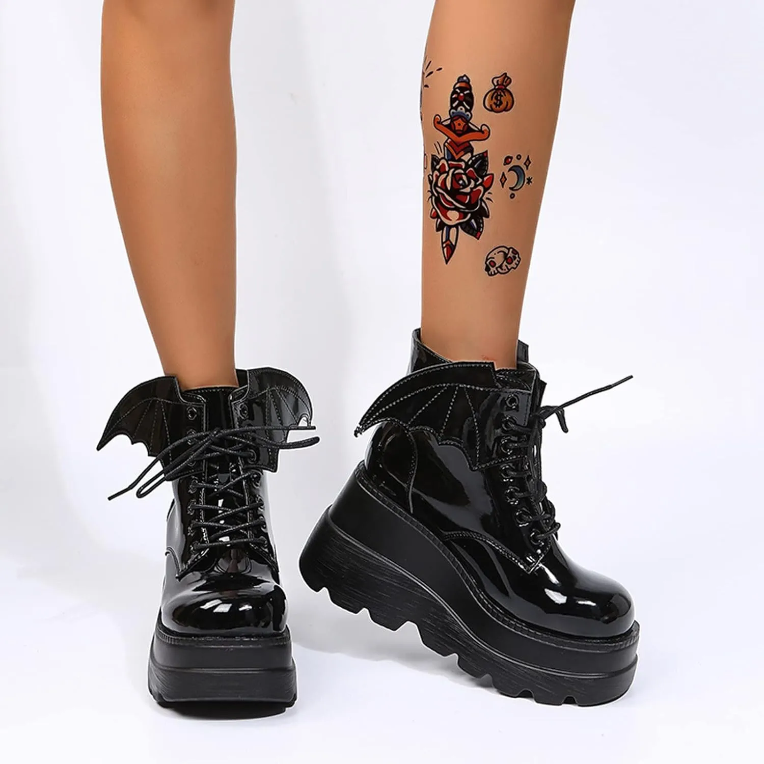 wodceeke Women's Platform Ankle Boots Round Toe Lace Up Combat Boots Goth Punk Fashion Wing Motorcycle Leather Boots