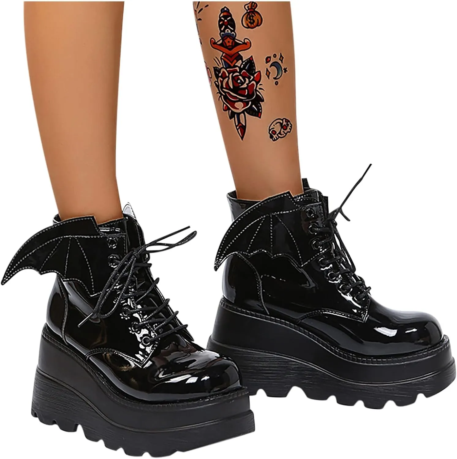 wodceeke Women's Platform Ankle Boots Round Toe Lace Up Combat Boots Goth Punk Fashion Wing Motorcycle Leather Boots