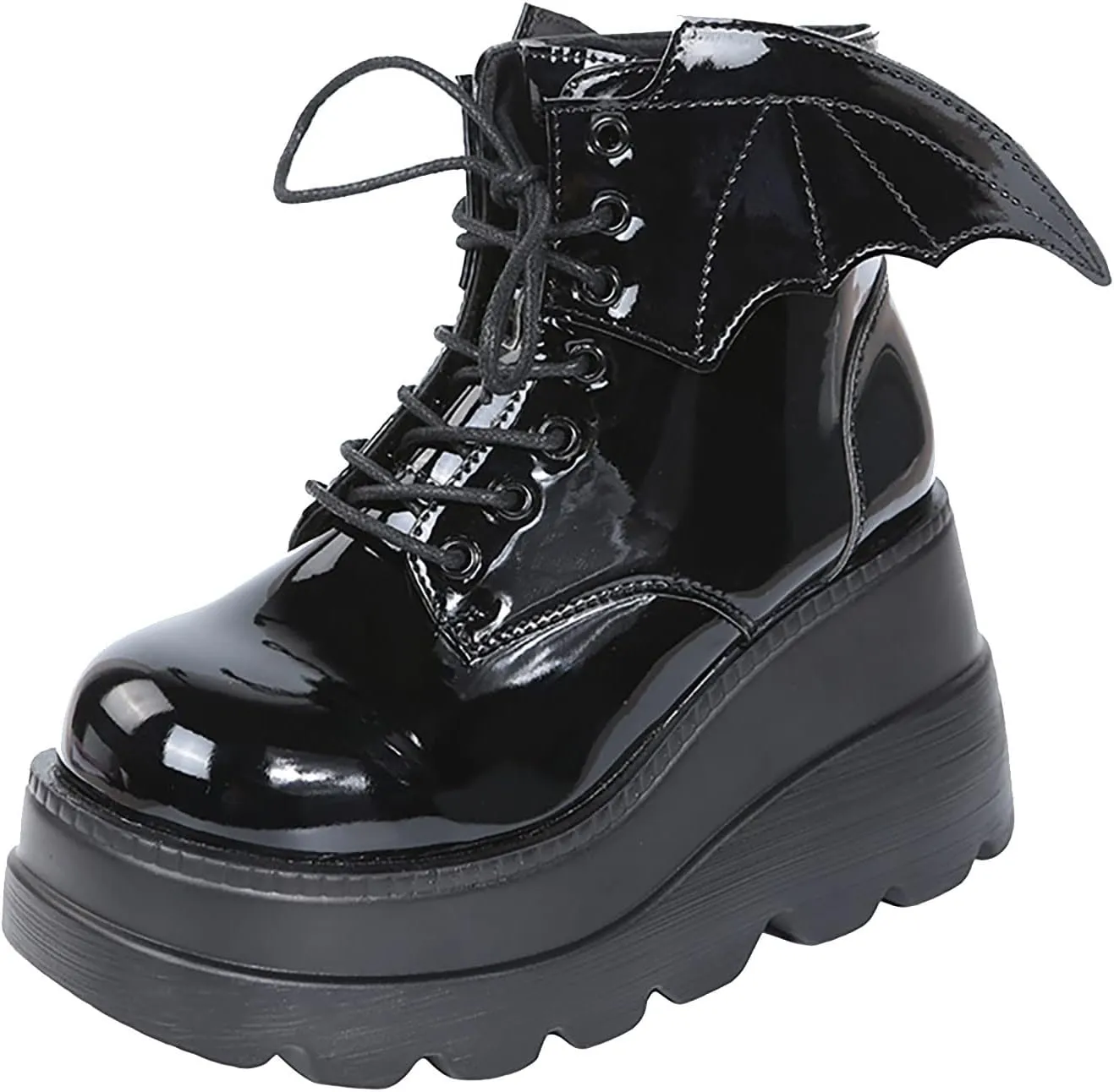 wodceeke Women's Platform Ankle Boots Round Toe Lace Up Combat Boots Goth Punk Fashion Wing Motorcycle Leather Boots