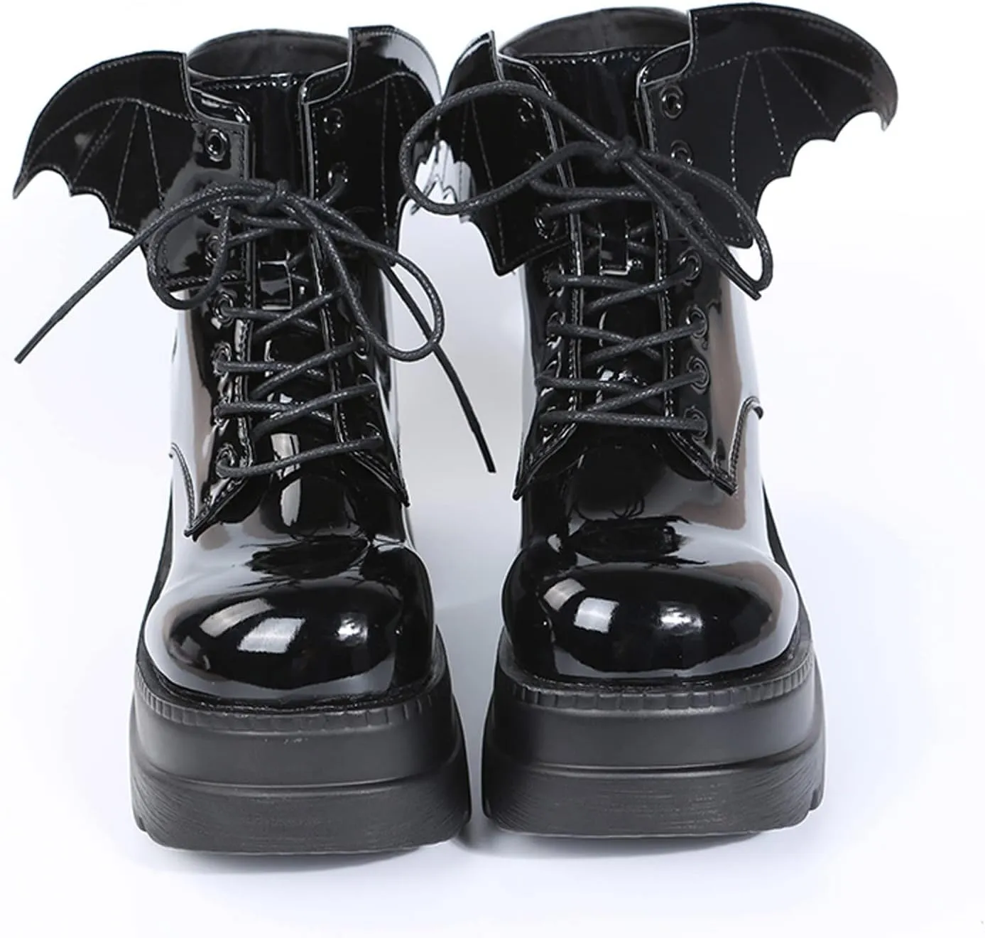 wodceeke Women's Platform Ankle Boots Round Toe Lace Up Combat Boots Goth Punk Fashion Wing Motorcycle Leather Boots