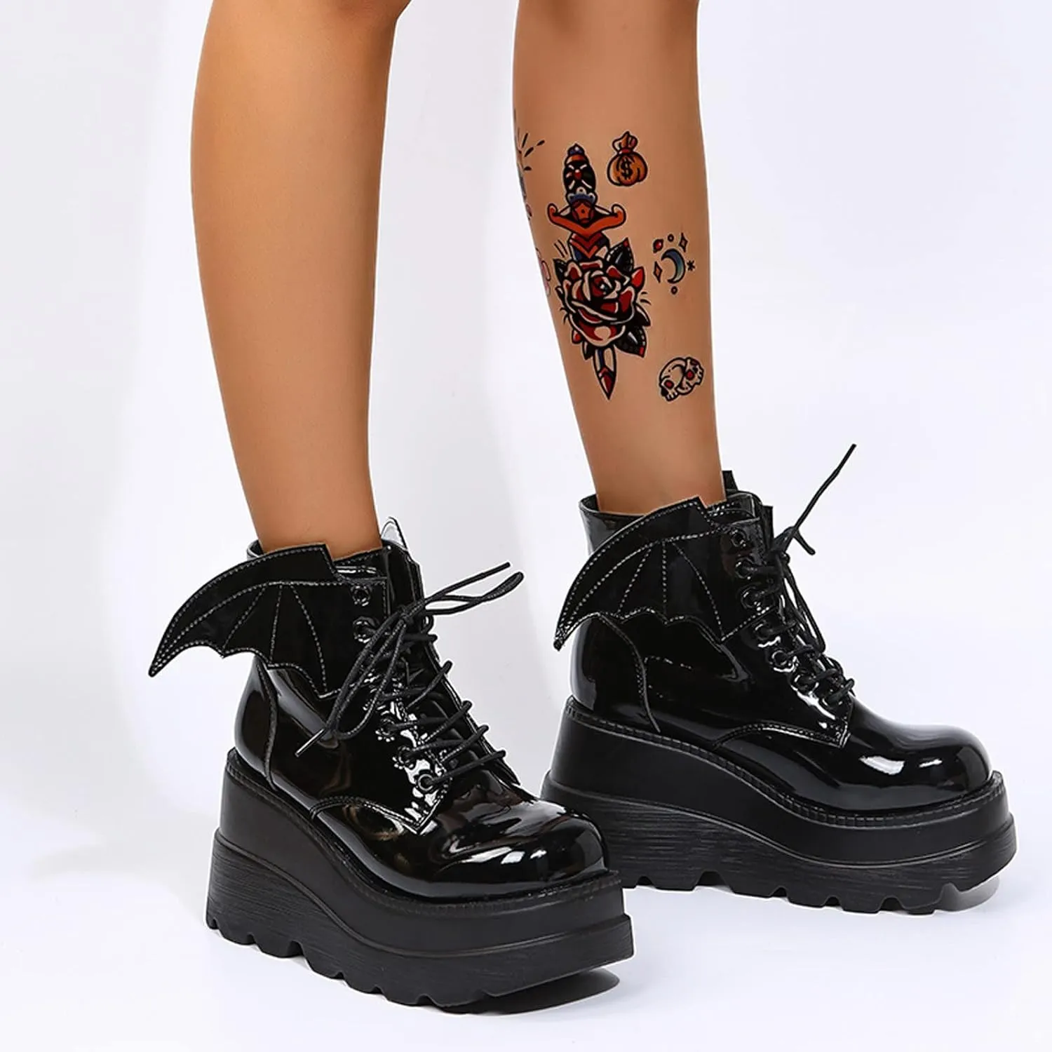 wodceeke Women's Platform Ankle Boots Round Toe Lace Up Combat Boots Goth Punk Fashion Wing Motorcycle Leather Boots