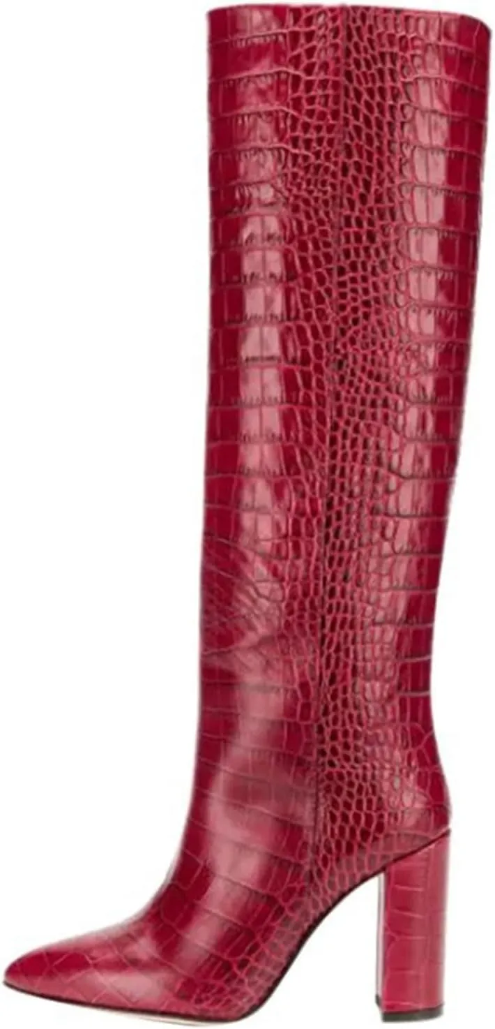 WOilERQ Womens Snake Print Knee High Boots Chunky high Heels Mid Calf Boots Slip On Block Heel Wide Boots PU Leather Long Boots Dress Shoes