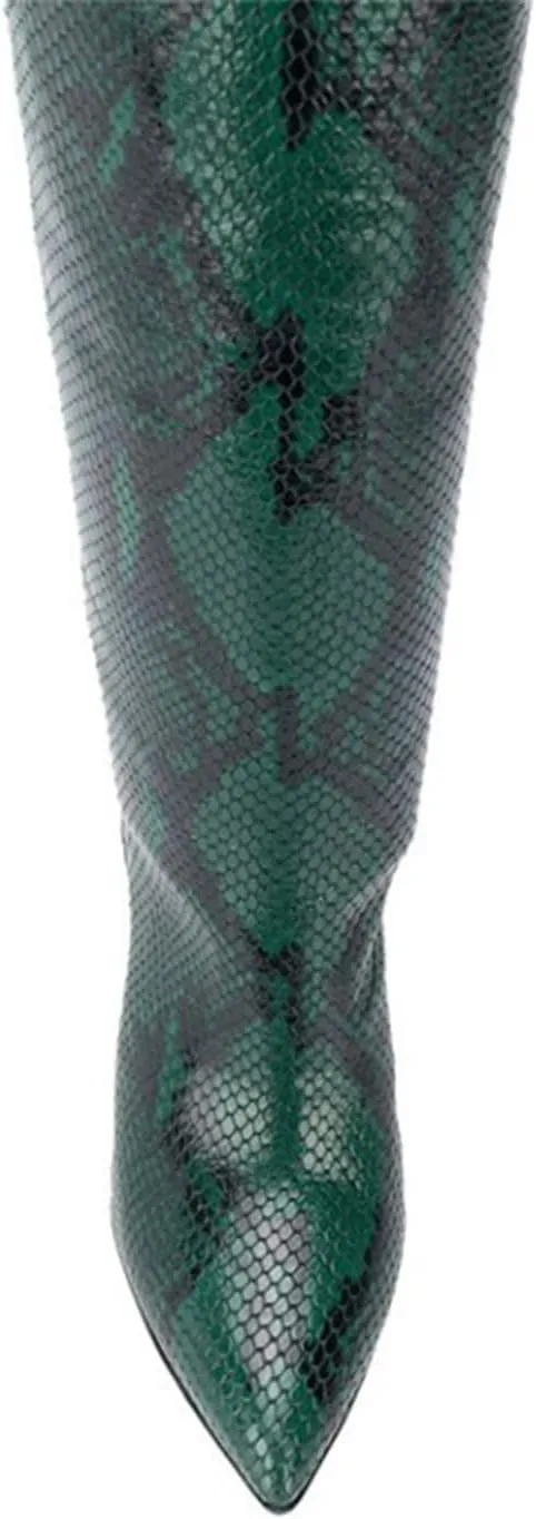WOilERQ Womens Snake Print Knee High Boots Chunky high Heels Mid Calf Boots Slip On Block Heel Wide Boots PU Leather Long Boots Dress Shoes