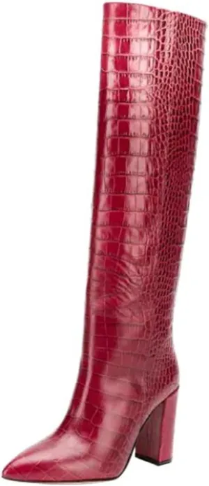 WOilERQ Womens Snake Print Knee High Boots Chunky high Heels Mid Calf Boots Slip On Block Heel Wide Boots PU Leather Long Boots Dress Shoes