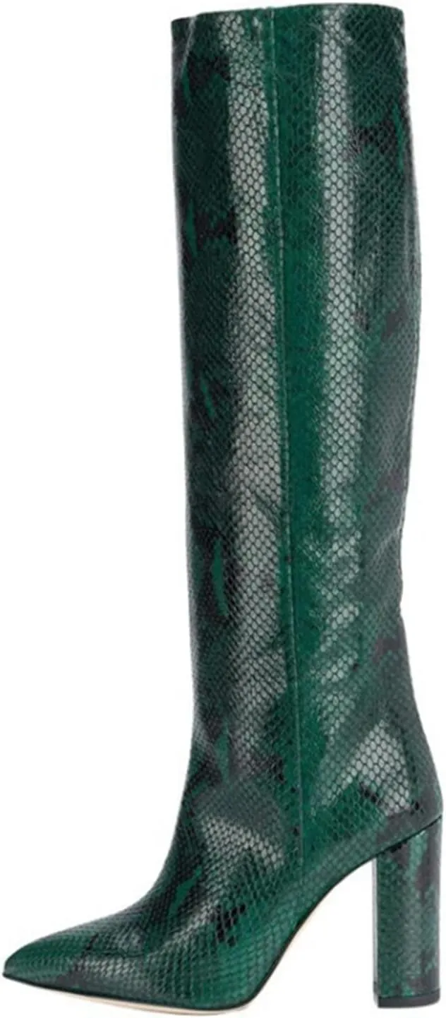WOilERQ Womens Snake Print Knee High Boots Chunky high Heels Mid Calf Boots Slip On Block Heel Wide Boots PU Leather Long Boots Dress Shoes