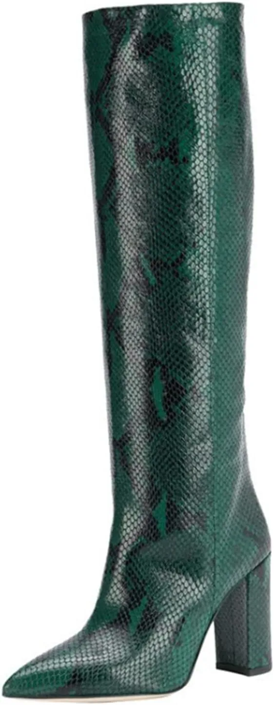 WOilERQ Womens Snake Print Knee High Boots Chunky high Heels Mid Calf Boots Slip On Block Heel Wide Boots PU Leather Long Boots Dress Shoes