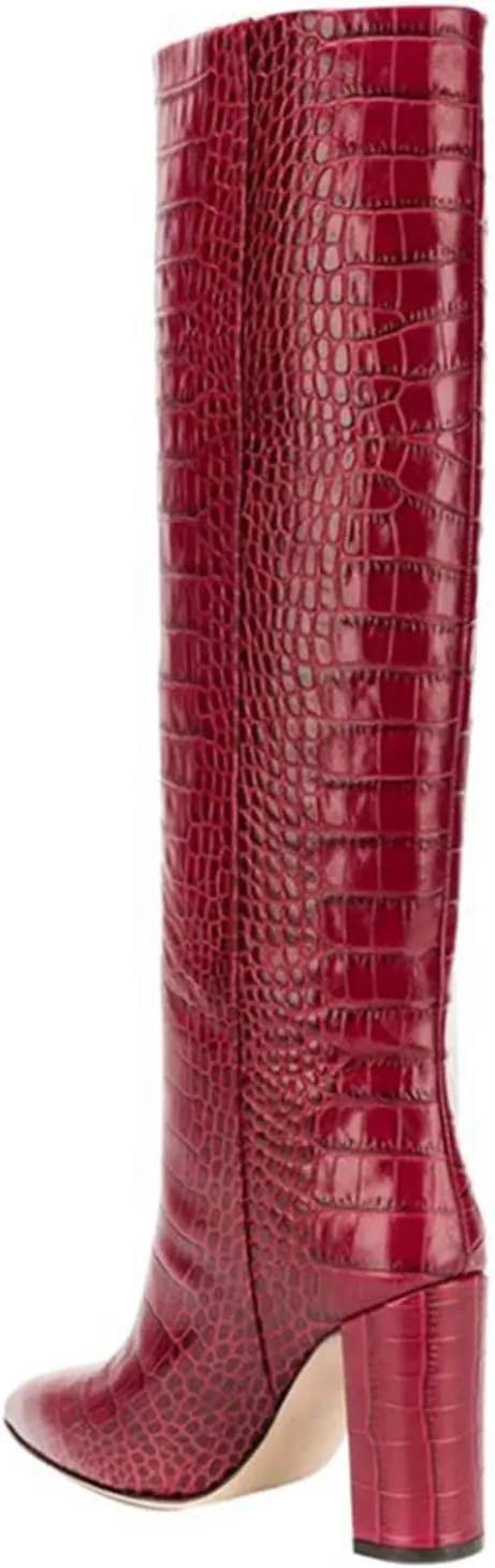 WOilERQ Womens Snake Print Knee High Boots Chunky high Heels Mid Calf Boots Slip On Block Heel Wide Boots PU Leather Long Boots Dress Shoes