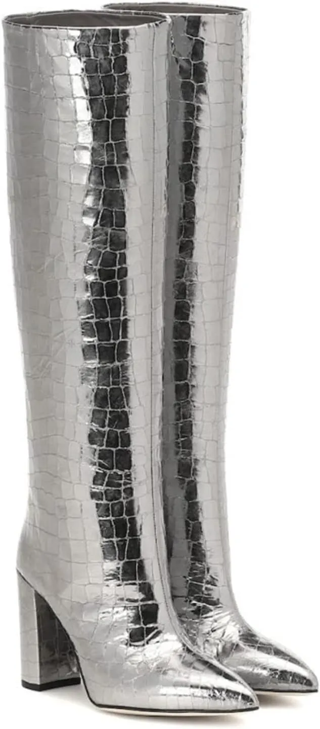 WOilERQ Womens Snake Print Knee High Boots Chunky high Heels Mid Calf Boots Slip On Block Heel Wide Boots PU Leather Long Boots Dress Shoes