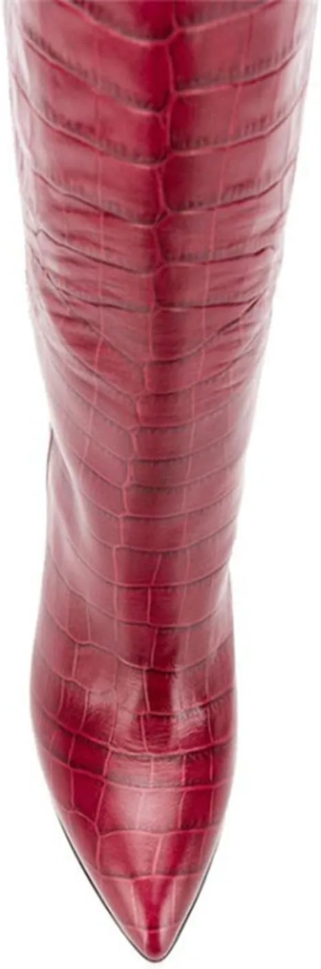 WOilERQ Womens Snake Print Knee High Boots Chunky high Heels Mid Calf Boots Slip On Block Heel Wide Boots PU Leather Long Boots Dress Shoes
