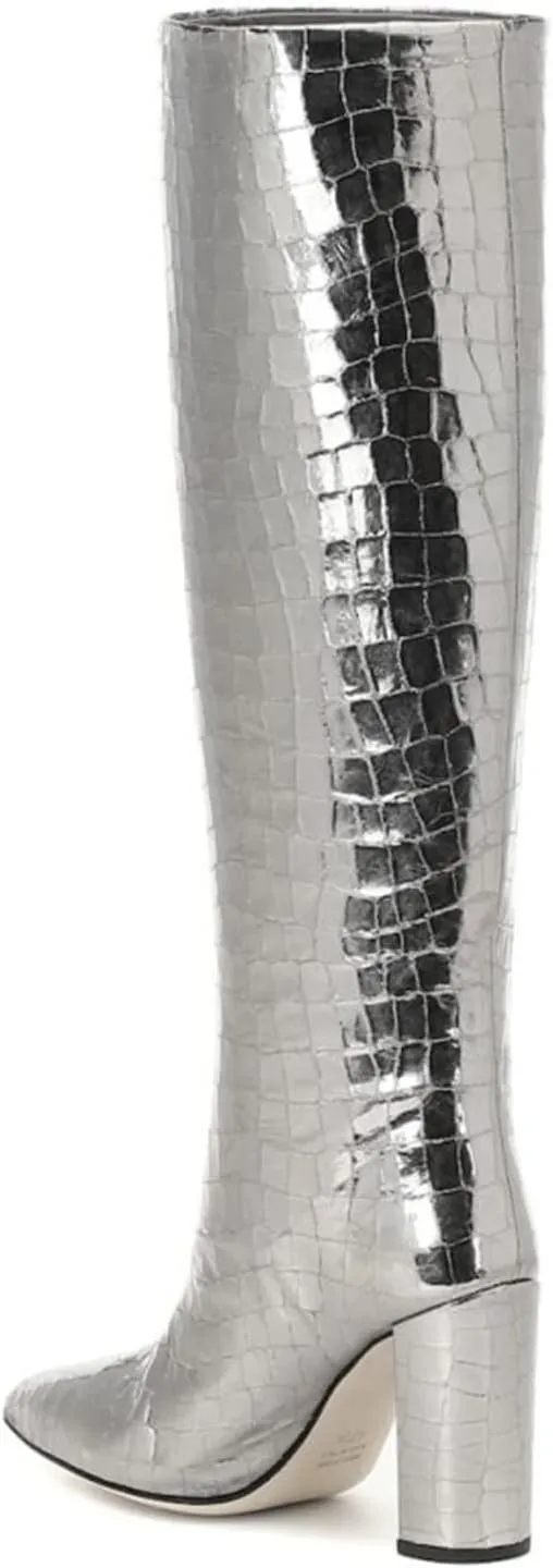 WOilERQ Womens Snake Print Knee High Boots Chunky high Heels Mid Calf Boots Slip On Block Heel Wide Boots PU Leather Long Boots Dress Shoes