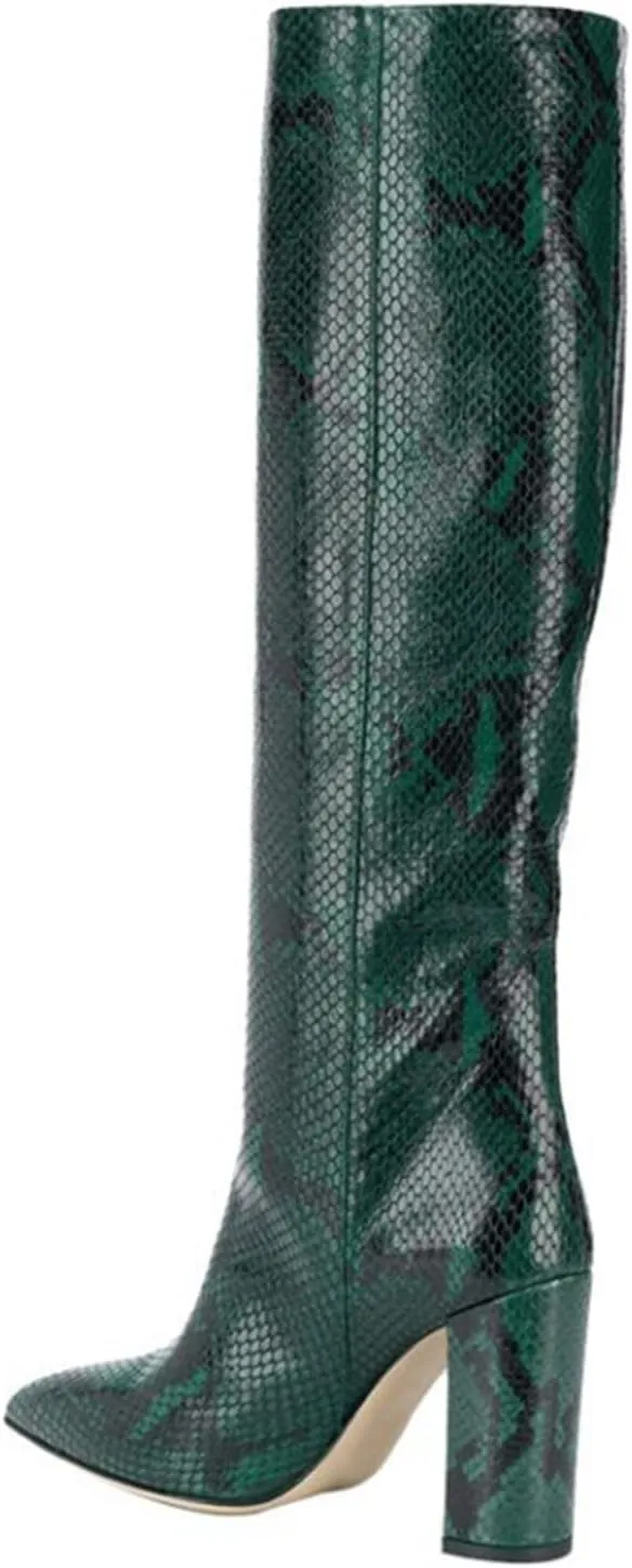 WOilERQ Womens Snake Print Knee High Boots Chunky high Heels Mid Calf Boots Slip On Block Heel Wide Boots PU Leather Long Boots Dress Shoes