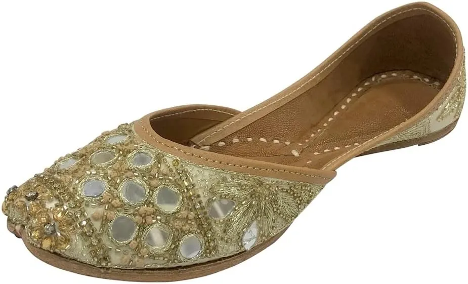 Women Cream Gold Designer Pakistani Juti Punjabi Jutti Ethnic Mojari Handmade Khussa