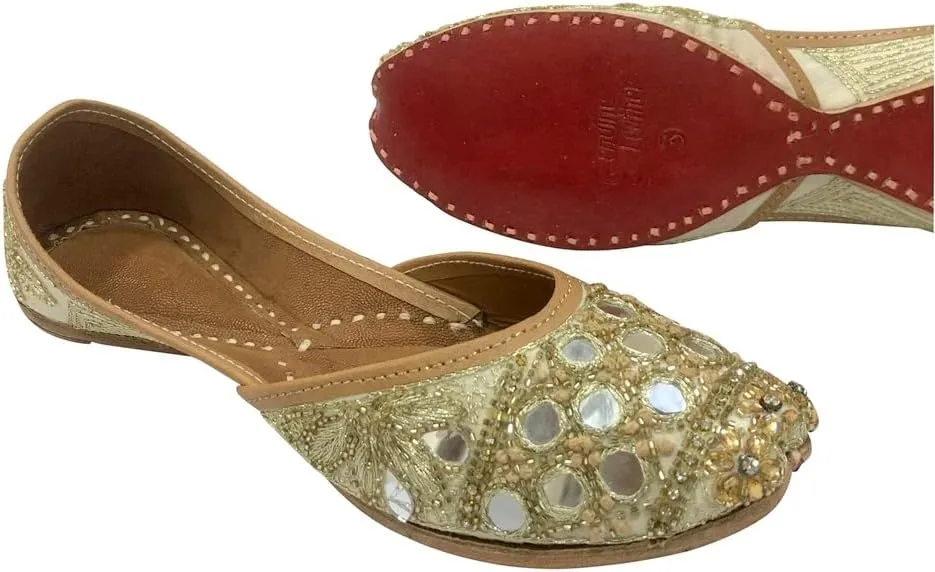 Women Cream Gold Designer Pakistani Juti Punjabi Jutti Ethnic Mojari Handmade Khussa