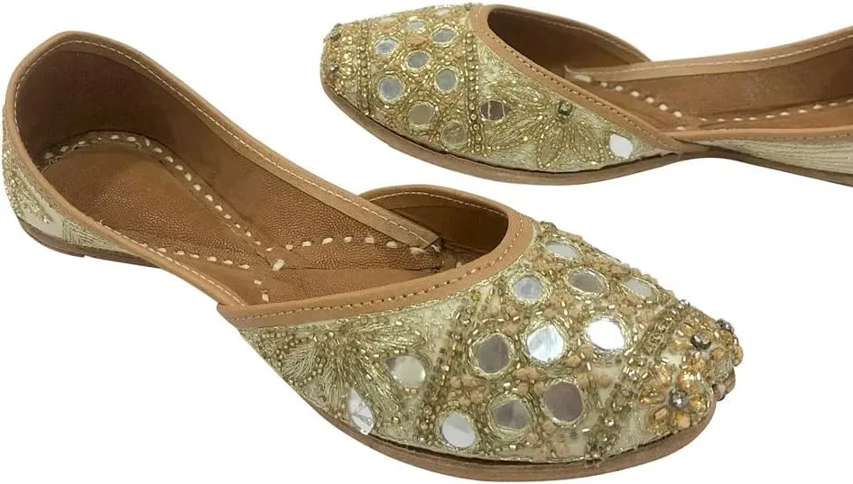 Women Cream Gold Designer Pakistani Juti Punjabi Jutti Ethnic Mojari Handmade Khussa