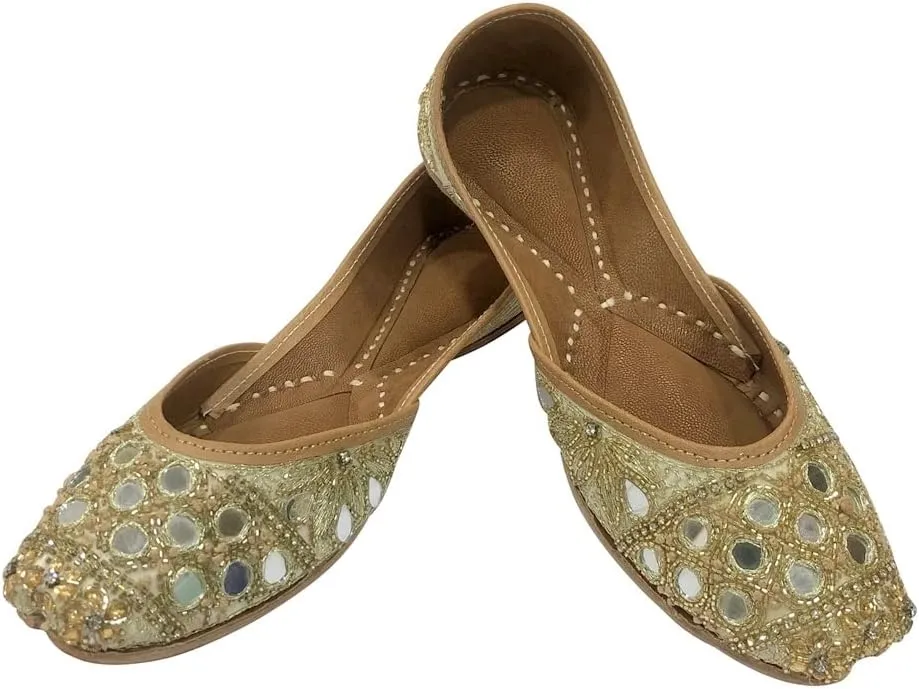 Women Cream Gold Designer Pakistani Juti Punjabi Jutti Ethnic Mojari Handmade Khussa