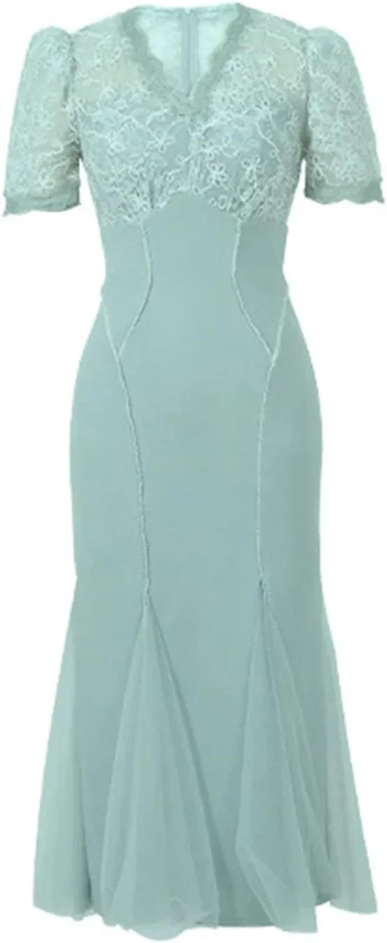 Women Elegant Prom Long Dress for Celebrity Perspective Mesh Splice Lace Embroidery Fishtail Robe Dress