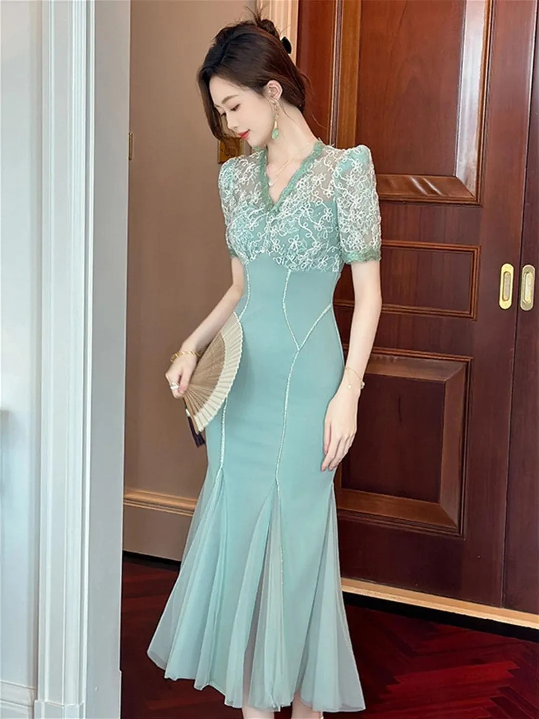 Women Elegant Prom Long Dress for Celebrity Perspective Mesh Splice Lace Embroidery Fishtail Robe Dress